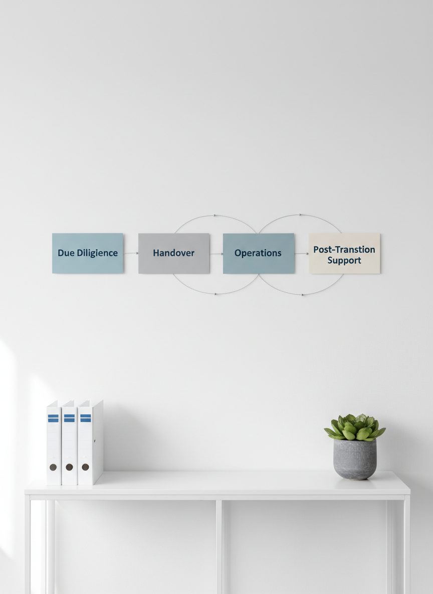 A wide, overhead photographic view of a large corkboard-style transition roadmap mounted on a clean white wall, featuring a series of interconnected cards labeled “Due Diligence,” “Handover,” “Operations,” and “Post-Transition Support.” Each card is printed on thick matte cardstock in muted blues and grays, connected by thin silver strings forming a clear path. Below, a minimalist white console holds neatly arranged binders and a single small plant in a slate-gray pot. Diffused natural daylight from the left creates soft, even lighting with barely-there shadows, emphasizing clarity and structure. The composition is symmetrical and modern, with crisp detail across the frame, evoking a sense of control, foresight, and confidence in the resort transition process.
