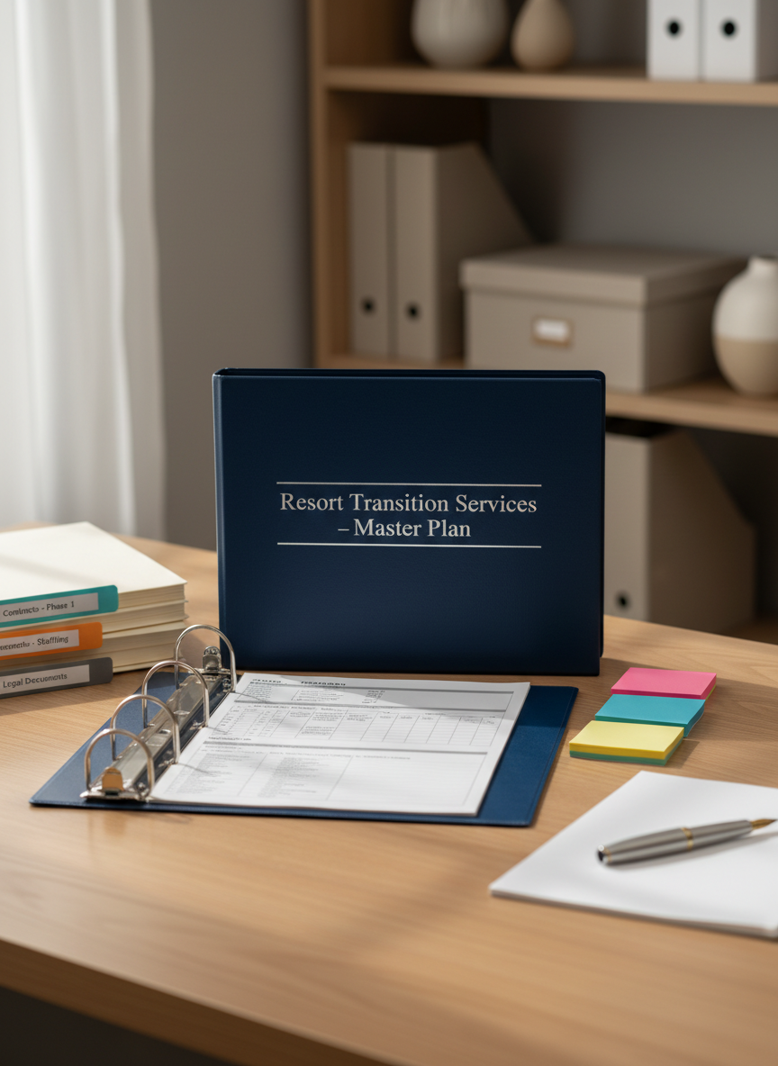 A meticulously organized resort transition planning desk with a large, navy-blue three-ring binder labeled “Resort Transition Services – Master Plan” in embossed silver text, lying open to a detailed timeline and checklist. Surrounding it are neatly stacked contract folders, color-coded sticky notes, and a sleek brushed-metal pen resting on a clean white notepad. The desk surface is a light oak wood, uncluttered and polished. Soft daylight enters from an unseen window, casting gentle, directional light that creates subtle shadows and reflections on the binder’s glossy cover. Photographic realism at eye-level, with a shallow depth of field that softly blurs the background of neutral-toned office shelves, conveying a professional, calm, and highly organized atmosphere suitable for a high-end corporate website hero image.